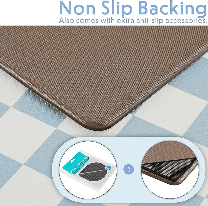 Blue Checkered Kitchen Mats for Floor Set of 2, 2 Pcs Cushioned Non Slip Runner Rugs for Kitchen/Sink/Laundry, Comfort Aesthetic Cute Anti-Fatigue Foam Floor Mat 17.3"x29.5"+17.3"x47.2"