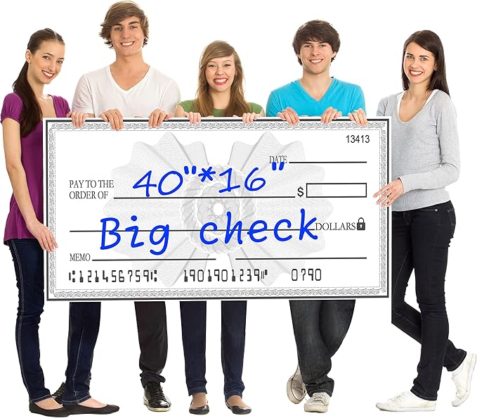 40x16 Inch Big Check Giant Check | Dual-Color Dry Erase Presentation Check | Waterproof Reusable Sign for Charity Events & School Awards with 2 Markers & Guide