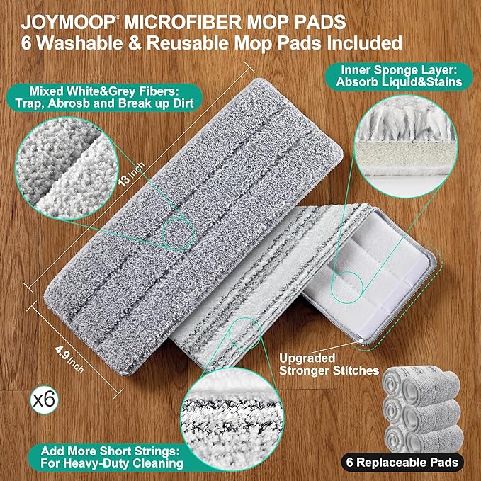 JOYMOOP Mop and Bucket Set with Wringer, Flat Mops for Floor Cleaning, Wall Mop Cleaner with Long Handle, Hardwood Floor Mop with 6 Microfiber Pads