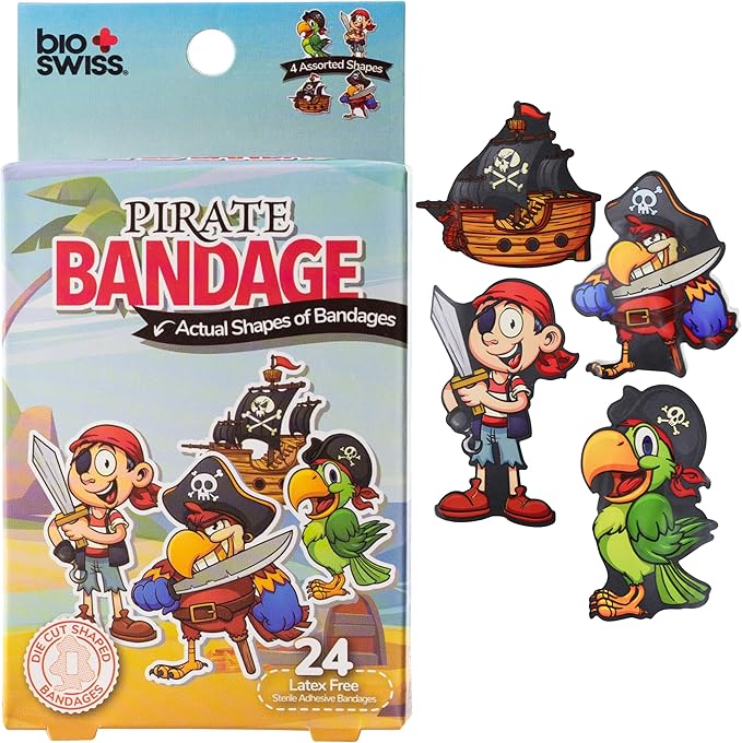BioSwiss Kids Bandages, Pirate Shaped Self Adhesive Bandage Set, Latex Free, Sterile Wound Care, 24 Count