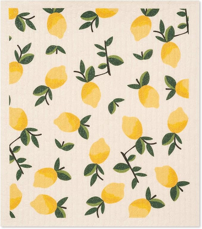 Swedish Dishcloths 4 Pack Yellow Lemons and Oranges Print Reusable Sponges Kitchen Cleaning Cloth Dish Scrubber, Machine Washable, Measures 7.87”x6.88 inches.