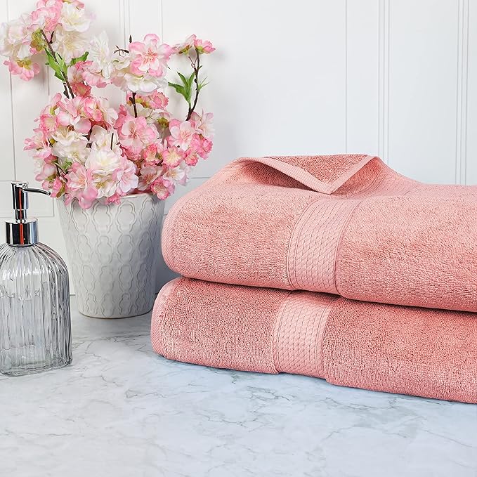 Superior Egyptian Cotton Pile Bath Sheet Set of 2, Ultra Soft Luxury Towels, Thick Plush Essentials, Absorbent Heavyweight, Guest Bath, Hotel, Spa, Home Bathroom, Shower Basics, Tea Rose