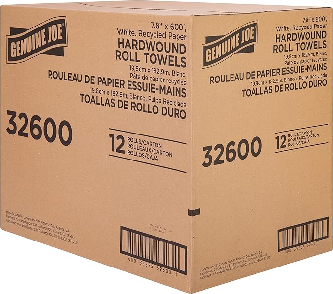 Genuine Joe Embossed Hardwound Roll Towels, 2" Core, 1-Ply, 7.8" x 600', White, 12 Count