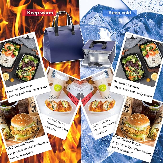 50 Pcs Insulated Take Away Bags, Disposable Lunch Bags For Food Takeaways, Coffee, Milk Tea, Seafood, Pizza, For Restaurants And Grocery Shops 9.5 x 6 x 10 In (Navy Blue)