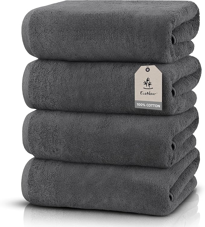 EcoNour 4 Pack Dark Grey Bath Towels (27x54 Inch, 550 GSM) | 100% Cotton Soft & Absorbent Towel Set | Quick-Dry, Lightweight, Durable Bathroom Towels for Home, Gym, Spa & Travel