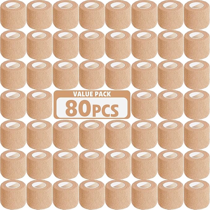 AZEN 80 Pack Self Adhesive Bandage Wrap, 2" X 5 Yards Elastic Cohesive Bandage Wrap, Skin Color Athletic Tape, Vet Wrap, Ankle Tape, Tattoo Grip Tape Wrap
