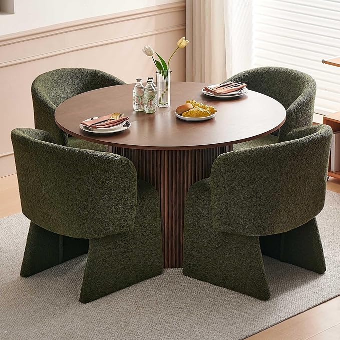 Dining Table Set for 4, 47" Round Kitchen Table and Green Upholstered Barrel Dining Room Chairs Set, Rustic Dinette Set, Engineered Wood Two-Part Tabletop with Walnut Finish