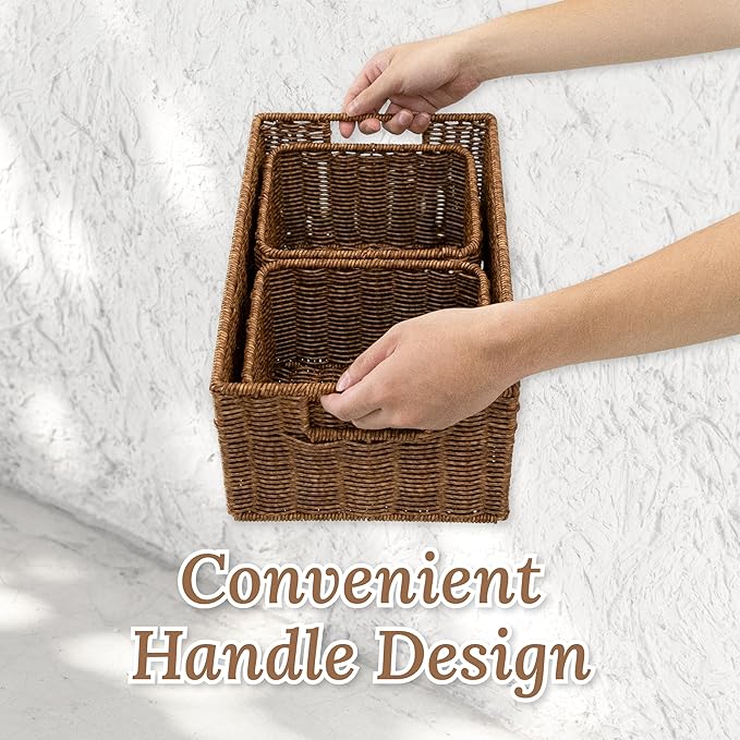 Wicker Basket with Handle, Shelf Baskets for Organizing, Woven Organization Storage with Handles, Resin Wicker Set of 3, Toffee