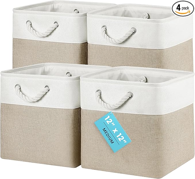 OrganiHaus 12x12 Cube Storage Bins 4 Pack, Foldable Cube Storage Organizer w/ Rope Handles, Collapsible Fabric Bins for Toys, Clothes & Closet Organization, Fabric Square Baskets - Beige/White