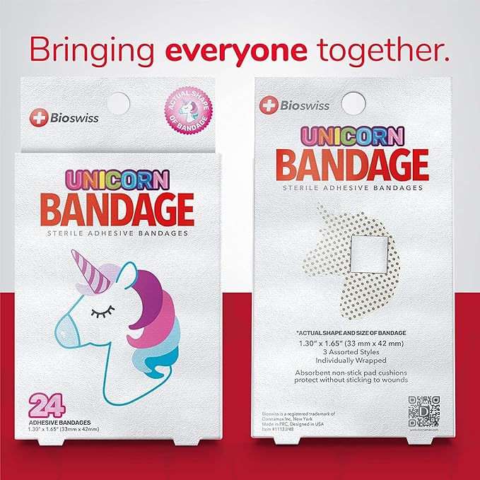 BioSwiss Kids Bandages, Unicorn Shaped Self Adhesive Bandage Set, Latex Free, Sterile Wound Care, 24 Count