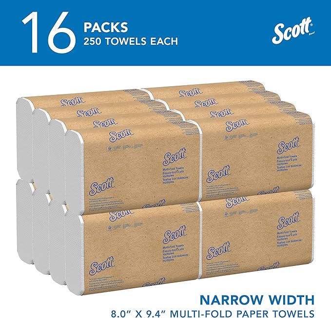 Scott Professional Universal Multifold Narrow Width Paper Towels, Bulk (37490), Absorbency Pockets, White 8.0"x9.4" Towel, Compressed, Compact (250 Sheets/Pack, 16 Packs/Case, 4,000 Sheet Total)