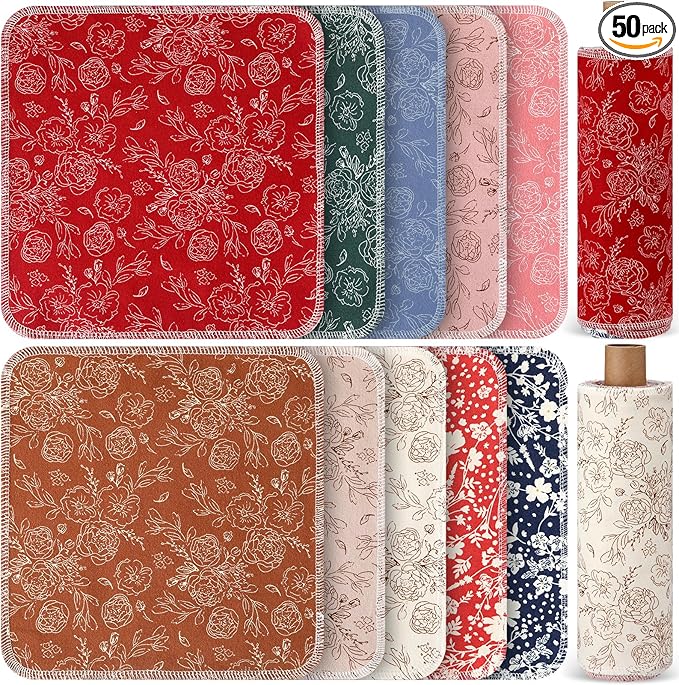 Redbaker 50 Pcs Reusable Paper Towels Paperless Reusable Cotton Cloths Toilet Absorbent Washable Paper Towels with Roll Kitchen Dishcloth for Kitchen Paperless Dishcloths(Retro)
