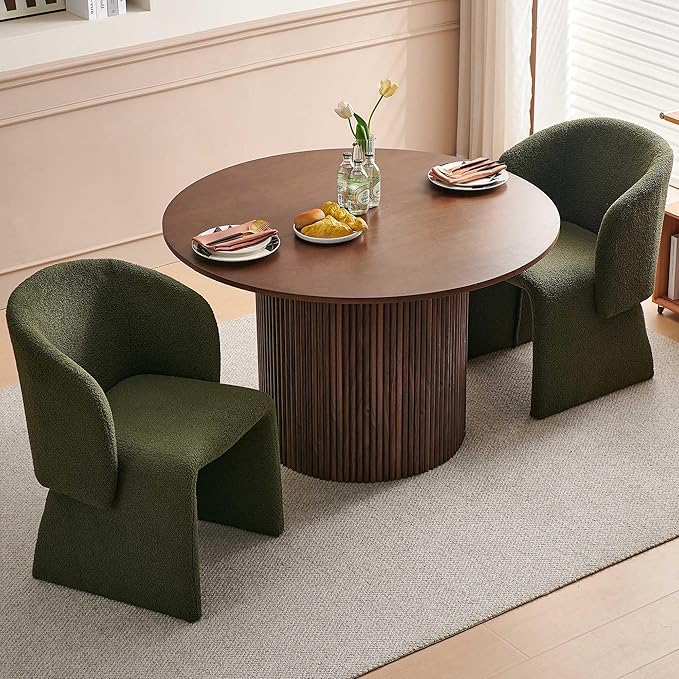 Dining Table Set for 2, 47" Circle Kitchen Table and Green Upholstered Barrel Dining Room Chairs, Classic Dinette Set, Engineered Wood Two-Part Tabletop with Walnut Finish