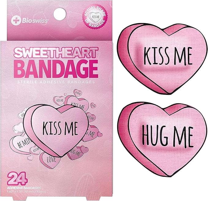 BioSwiss Kids Bandages, Valentine Heart Shaped Self Adhesive Bandage Set, Latex Free, Sterile Wound Care, 24 Count