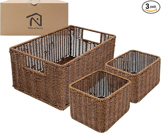 Wicker Basket with Handle, Shelf Baskets for Organizing, Woven Organization Storage with Handles, Resin Wicker Set of 3, Toffee
