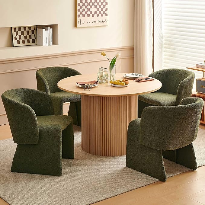 5-Piece Dining Table Set for 4, Modern Round MDF Kitchen Table with Oak Finish, Two-Part Tabletop, Stylish Breakfast Table and 4 Cozy Dining Side Chairs Upholstered Set