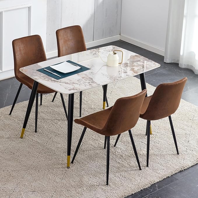 Marble Modern Dining Table Set for 4, 50" Sintered Stone Kitchen Table and 4 Upholstered Suede Leather Chair Dining Room Table Set for 4(1Marble Table and Brown Chairs Set of 4)