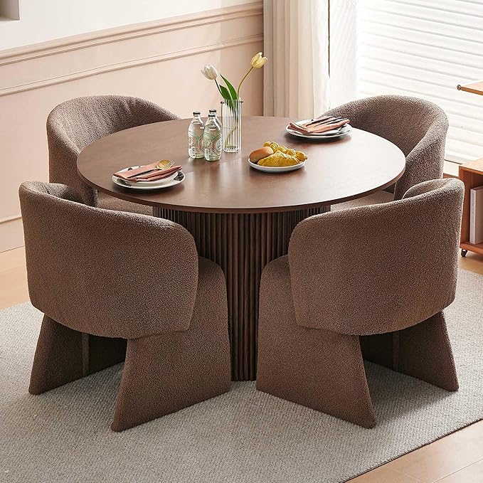 Dining Table Set for 4, 47" Circle Kitchen Table and Brown Upholstered Barrel Dining Room Chairs, Rustic 5-Piece Dinette Set, Engineered Wood Two-Part Tabletop with Walnut Finish