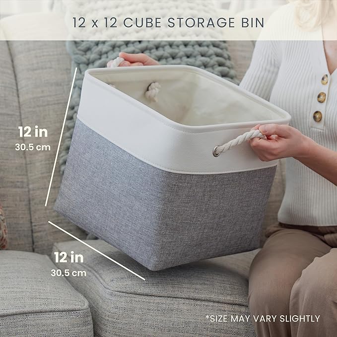 OrganiHaus 12x12 Cube Storage Bins 3 Pack, Foldable Cube Storage Organizer w/ Rope Handles, Collapsible Fabric Bins for Toys, Clothes & Closet Organization, Fabric Square Baskets - Gray/White