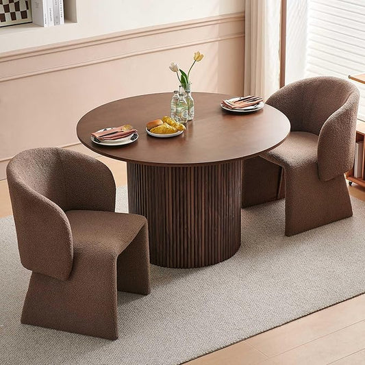 Dining Table Set for 2, 47" Circle Kitchen Table and Brown Upholstered Barrel Dining Room Chairs, Rustic Dinette Set, Engineered Wood Two-Part Tabletop with Walnut Finish
