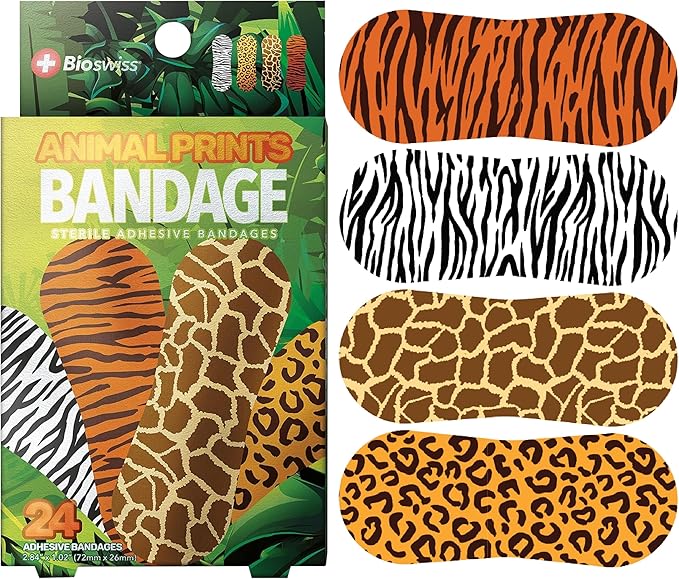 BioSwiss Kids Bandages, Animal Print Shaped Self Adhesive Bandage Set, Latex Free Sterile Wound Care, 24 Count