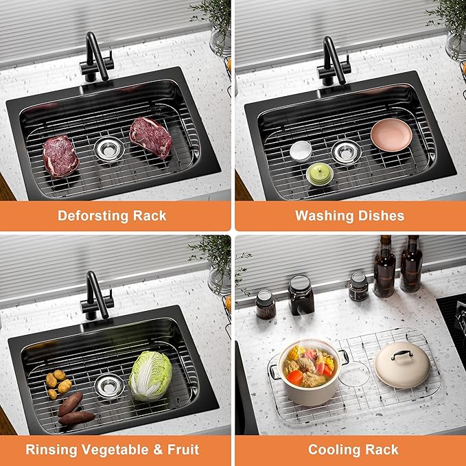 Sink Protector for Kitchen Sink,27.8 X 14.8 inch Sink Rack,Metal Sink Grate with Strainer,Stainless Steel Sink Grid for Bottom of Sink with Centered Drain Hole