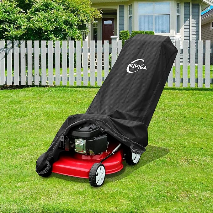 Kipiea Outdoor 600D Lawn Mower Cover Waterproof, UV & Tear-Resistant with 4 Buckles and 2 Drawstrings for Most Push Lawn Mowers