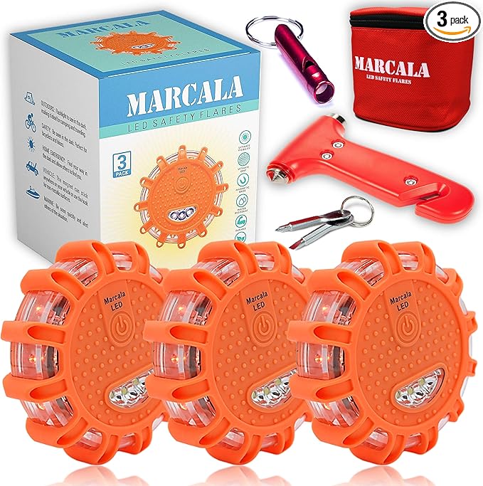 Marcala LED Road Flares Emergency Lights | 3-Pack Roadside Safety Disc Kit w/Whistle | DOT Compliant Emergency Flares for Car w/Batteries Installed | Roadside Emergency Car Kit with Flares