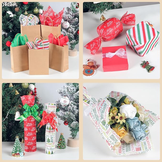 ASOEMERZ 180 Sheets Christmas Tissue Paper 20 x 14 Inches, Small Wrapping Paper for Christmas Gift Boxes DIY, Holiday Presents, Gift Bags (6 Designs)