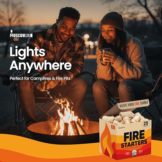 Moscow-Mix 25 pcs Fire Starter Indoor and Outdoor - Fire Starters for Fireplace, Campfires, BBQ, Wood Stove, Smokers, Fire Pits - Charcoal Starter for Grill - Natural All-Weather Pine Starters