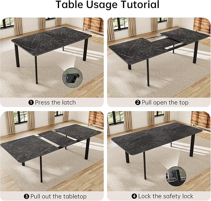 Extendable Dining Table Set for 6-8 People, 63 to 78.7 Inch MDF Kitchen Table with 6 Faux Leather Dining Chairs, Space-Saving for Dining Room, Breakfast Nook (Dark Grey Table & 6 Black Chairs)