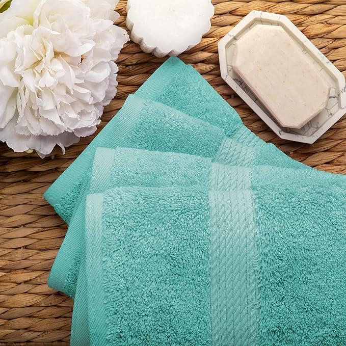 Superior Egyptian Cotton Pile Hand Towel Set of 4, Ultra Soft Luxury Towels, Thick Plush Essentials, Absorbent Heavyweight, Guest Bath, Hotel, Spa, Home Bathroom, Shower Basics, Turquoise
