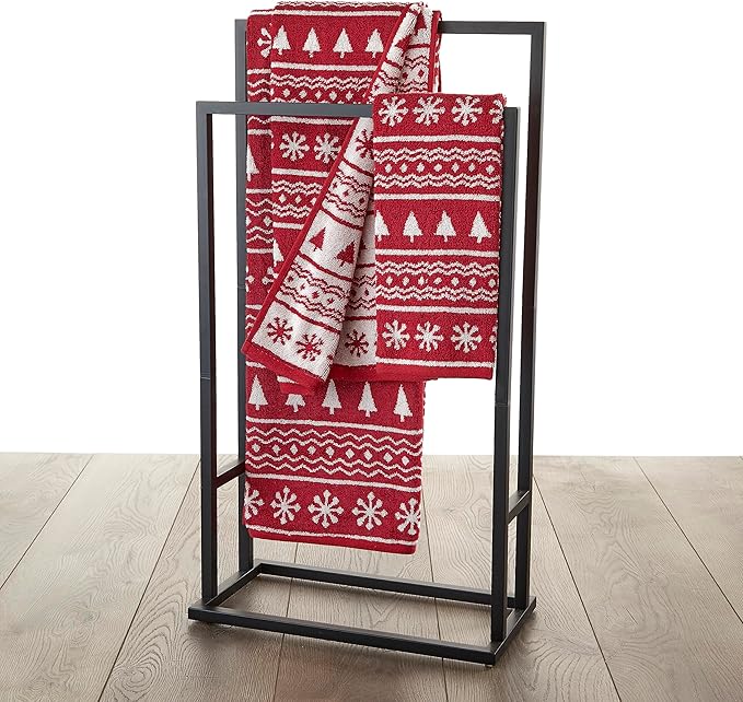 SKL Home Winter/Christmas Fair Isle Hand Towel 2pc Set for Bath/Kitchen/Bar & Gift, Red