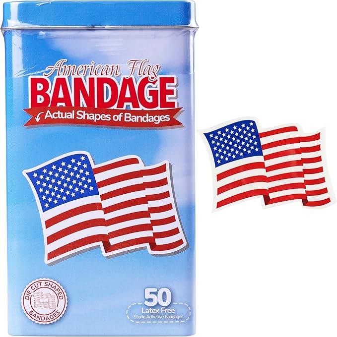 BioSwiss Kids Bandages, American Flag Shaped Self Adhesive Bandage Set, Latex Free, Sterile Wound Care, 50 Count