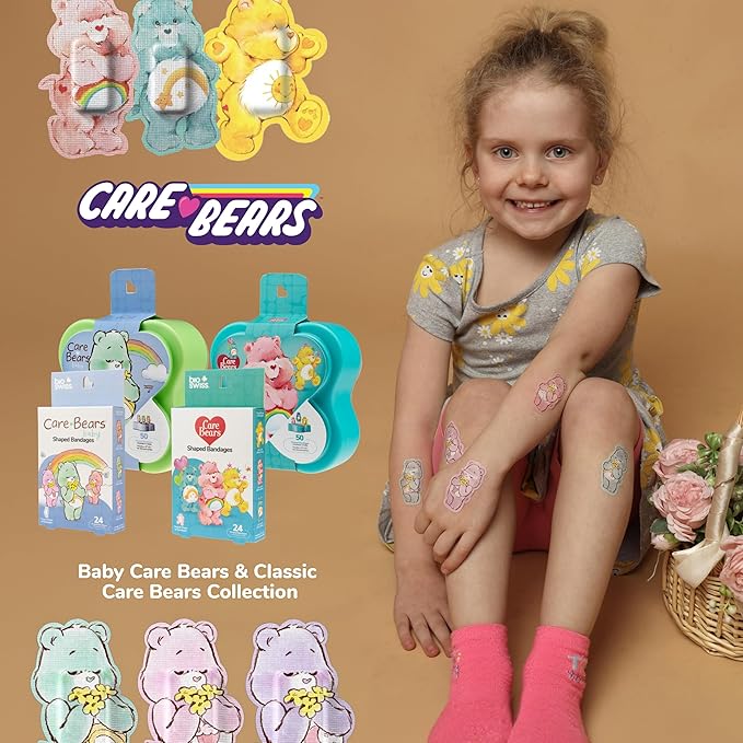 BioSwiss Care Bears Kids Bandages, Baby Care Bear Shaped Self Adhesive Bandage Set, Latex Free, Sterile Wound Care, 24 Count