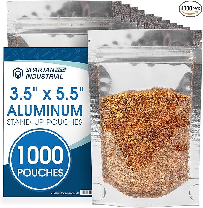 Spartan Industrial - 3.5" X 5.5" Aluminum Stand-Up Pouches - Pack of 1000 Resealable Smell-Proof Bags for Food, Wax Melts, Lip Gloss Packaging, and More