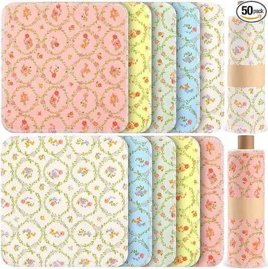 Redbaker 50 Pcs Reusable Paper Towels Paperless Reusable Cotton Cloths Toilet Absorbent Washable Paper Towels with Roll Kitchen Dishcloth for Kitchen Paperless Dishcloths(Floral Wreath)