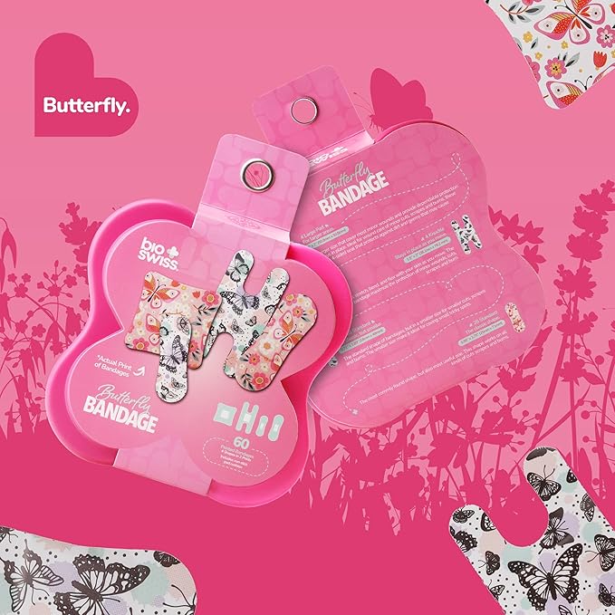 BioSwiss Kids Bandages, Assorted Size Butterfly Print Shaped Self Adhesive Bandage Set, Latex Free, Sterile Wound Care, 60 Count