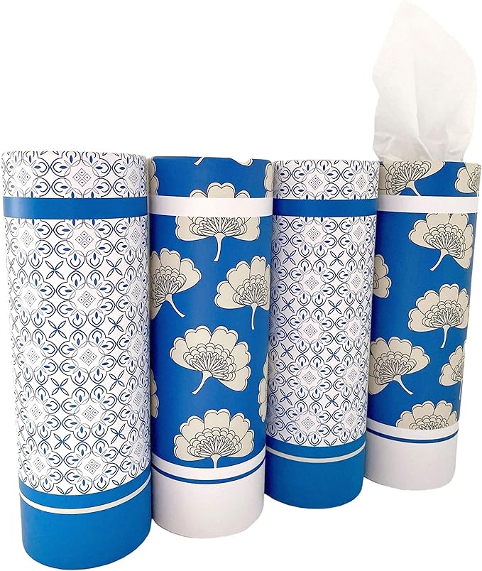 Car Tissues Holder with Facial Tissues - 4 PK - Travel Tissue Tubes Box Container Perfect Fit for Car Cup Holder Car Tissues Cylinder (Blue)