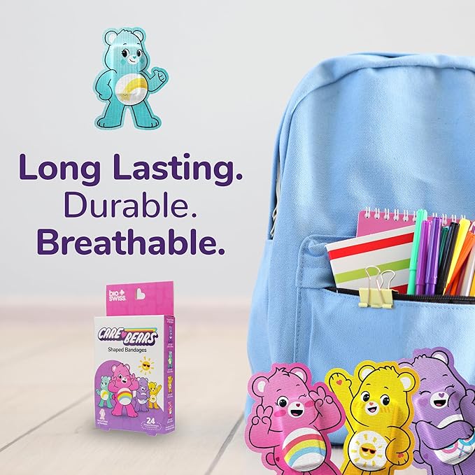 BioSwiss Care Bears Kids Bandages, Unlock The Magic Care Bear Shaped Self Adhesive Bandage Set, Latex Free, Sterile Wound Care, 24 Count