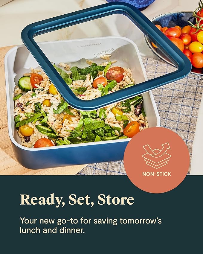 Caraway 6pc Glass Food Storage Set – 10 Cup Food Containers (6) - Ceramic Coated - Non Toxic, Non Stick with Lids - Microwave Safe - Cream
