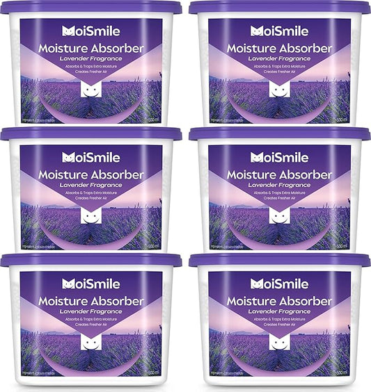 Lavender Fragrance Moisture Absorbers 6 Pack—Refillable 10.5 oz. Humidity Absorber Boxes for Closet, Bathroom, Car & Basement