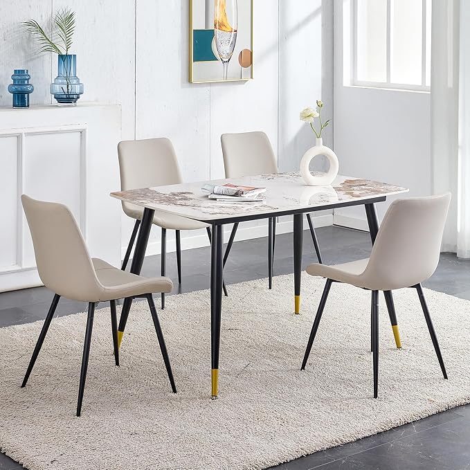 Marble Modern Dining Table Set for 4, 50" Sintered Stone Tabletop and 4 Upholstered PU Leather Chair Dining Room Table Set for 4(1Marble Table and Gray Chairs Set of 4)
