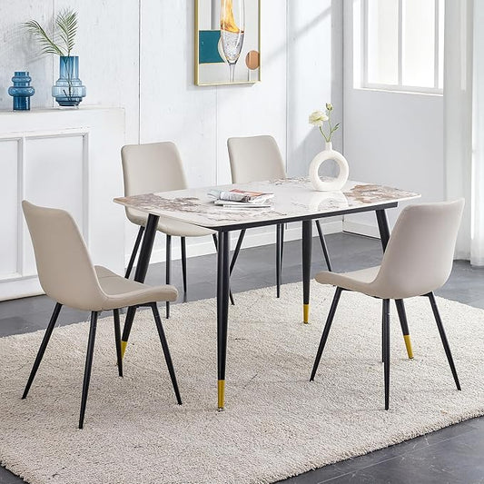 Marble Modern Dining Table Set for 4, 50" Sintered Stone Tabletop and 4 Upholstered PU Leather Chair Dining Room Table Set for 4(1Marble Table and Gray Chairs Set of 4)