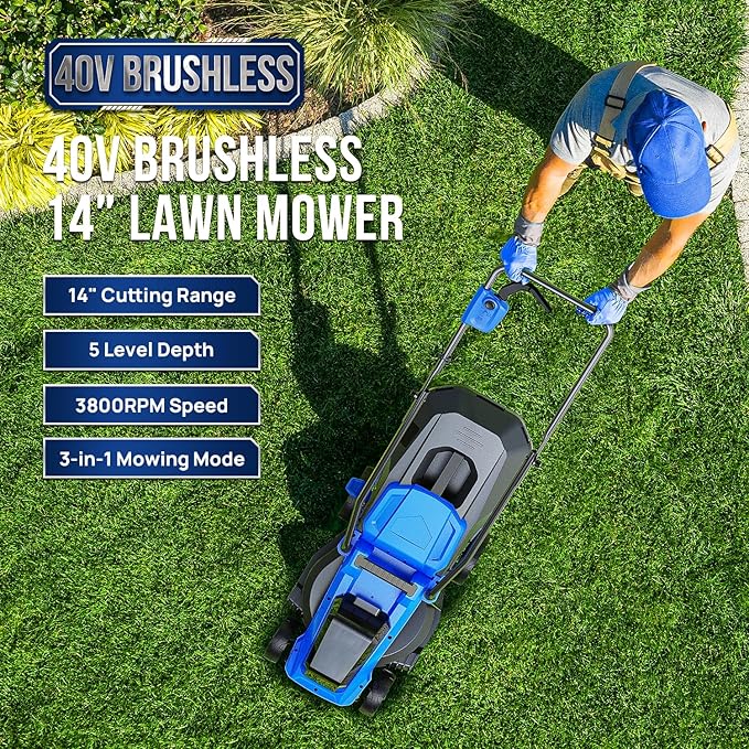 Wild Badger Power 40V 14″ Cordless Lawn Mower Brushless,2,368 sq ft/0.049 ac,1×4.0Ah Battery & Fast Charger, 5-Position Height,for Townhomes & Small Yards