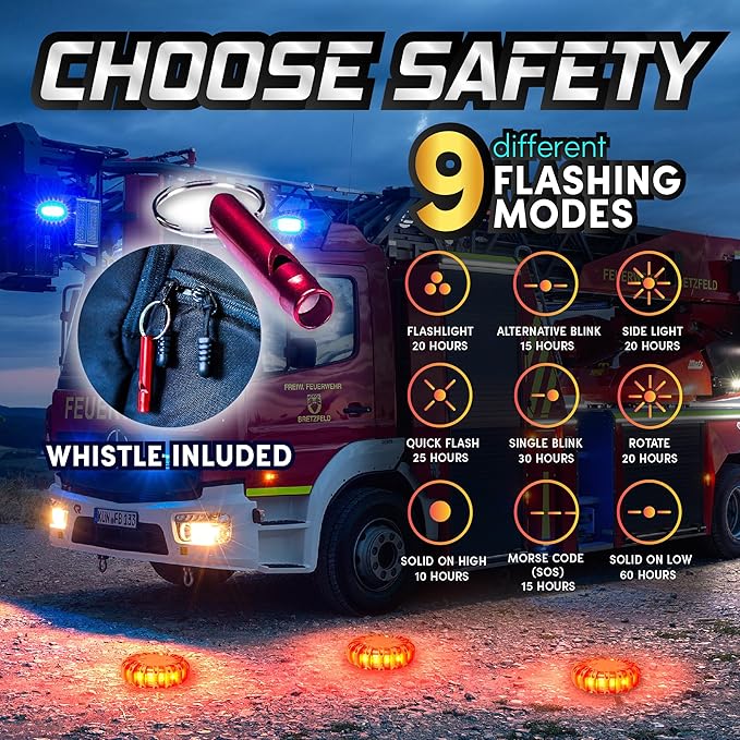 Marcala LED Road Flares Emergency Lights 6‑Pack | Roadside Safety Disc & LED Safety Flare | Roadside Hazard Emergency Kit w/Boat Flare Kit | Batteries, Case & Whistle Included | Feel Safe on Road