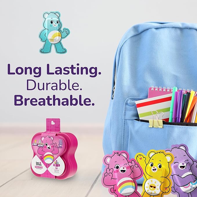 BioSwiss Care Bears Kids Bandages, Unlock The Magic Care Bear Shaped Self Adhesive Bandage Set, Latex Free, Sterile Wound Care, 50 Count
