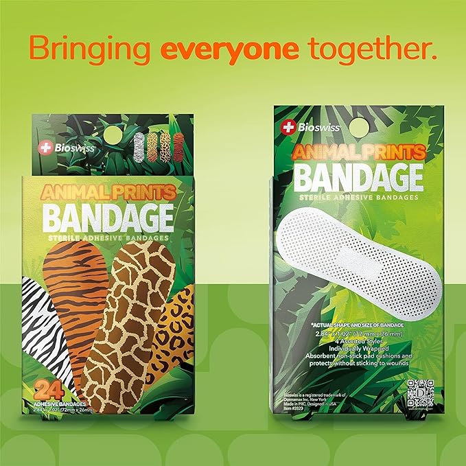 BioSwiss Kids Bandages, Animal Print Shaped Self Adhesive Bandage Set, Latex Free Sterile Wound Care, 24 Count