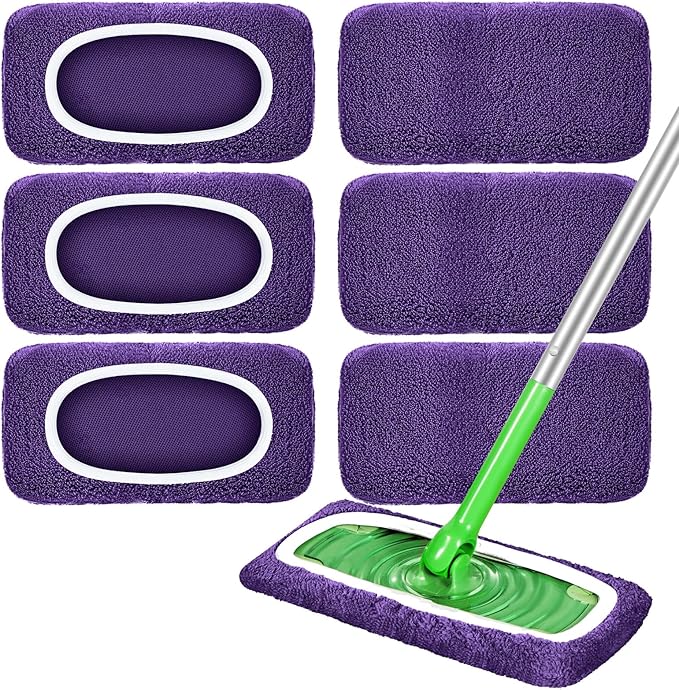 Reusable Mop Pads Compatible with Swiffer Sweeper Mop, Microfiber Wet Pads Refill & Machine Washable Dry Sweeping Cloths for Use on All Sealed Floors - Stone, Hardwood, Laminate & Tile (6 Purple)