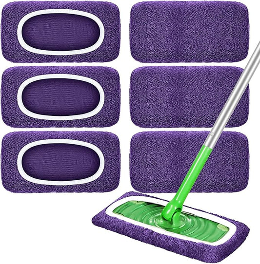 Reusable Mop Pads Compatible with Swiffer Sweeper Mop, Microfiber Wet Pads Refill & Machine Washable Dry Sweeping Cloths for Use on All Sealed Floors - Stone, Hardwood, Laminate & Tile (6 Purple)